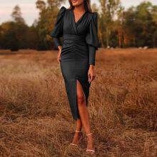 Simple and Generous Solid Color V-neck Split Women Dress thumbnail-4