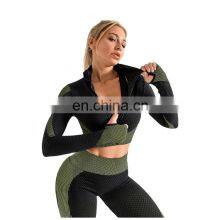 Wholesale Women 3 Pieces Crop Top Leggings and Sports Bra Workout Clothes 3 Pieces Seamless Yoga Belt Zipper Suit thumbnail-1