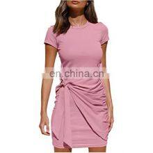 Manufacturers Wholesale Women's Irregular Dress Short Sleeve Round Neck Pleated Bow Belt Slim thumbnail-3