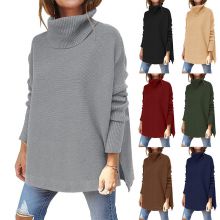 SW04 Women's Turtleneck Oversized 2022 Long Batwing Sleeve Spilt Hem Knit Tunic Pullover Sweater Tops
