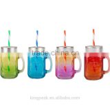 2016 Hot Sale Colour Handled Summer Beer Cocktail Jam Jar Glass BBQ Drinking Lid Straw/mason jar with handle and metal lid