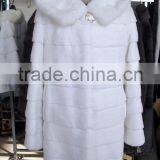 Long White Rex Rabbit Fur Jacket With Mink Trim