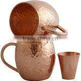 Set of 2 Pure Copper Mugs with Copper Shot Glass - Two 16 Oz Copper Moscow Mule Free Glass