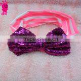 Retail Big Sequin Bow With Stripe Headbands Kids Turban Headwrap for Girl Big Bow Top Knot Headband thumbnail-1