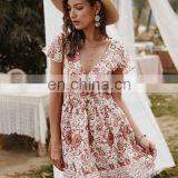 Hot Sale Women Deep V-Neck Casual Dresses Lady Holiday Print Short Sleeve Floral Summer Dress thumbnail-4