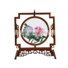 Chinese Style Craft Round Screen Silk Embroidered Furnishing Ornaments With Brown Wooden Frame For Decoration