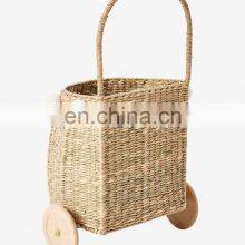 Natural Rustic Seagrass Luggy Basket Doll Stroller Trolley High Quality Wicker Shopping Basket Wholesale Supplier thumbnail-2