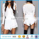 Sleeve net design women white playsuit rayon playsuits with belt design