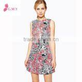 2016 Summer Floral Print Women Round Neck Sleeveless Waist Midi Prom Dress thumbnail-1