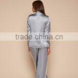 OEM Service Women Grey Satin Sleepwear Appeal Silk Pyjama Long Sleeve Blouse With Long Pants White Piping thumbnail-2