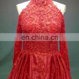 Real Photo High Neckline Satin Appliques Beaded Red Muslim Evening Dress Long Sleeve thumbnail-4