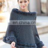 Ladies' sexy boat neck sleeveless cloak knitted sweater with fur hem