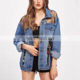 Fashion Women Outerwear Clothes Embroidered Mesh Insert Denim Jacket thumbnail-5
