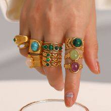 Vintage Gold Plated Gemstone Rings Set for Women Adjustable Stackable Boho Rings Stainless Steel Fashion Jewelry Wholesale thumbnail-3