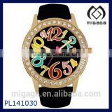 Womens Classic Black Leather Strap Large Round Face Watch Easy Read Colorful Arabic Numerals Rhinestone Accented Gold Bezel