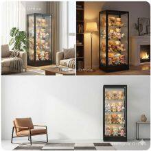 Minimalist White Narrow Glass Cabinet | Floor Standing Trophy Showcase With LED Lights | for Home Office thumbnail-3