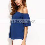 Blouses Latest Fashion Design Women Clothing Royal Blue Pleated Sleeve Off The Shoulder Blouse thumbnail-3
