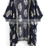 2017 Women Casual Navy Vintage Floral Loose Kimono With Asymmetrical Hem Ladies Summer Beachwear thumbnail-3