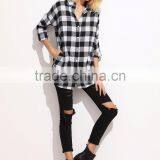 Check Plaid Drop Shoulder Shirt Black and White Cotton Blend Long Sleeve Casual Button Women Shirt thumbnail-5