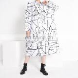 TWOTWINSTYLE Dress For Women Lapel Collar Long Sleeve Oversize Casual Midi Hit Color Graffiti thumbnail-2