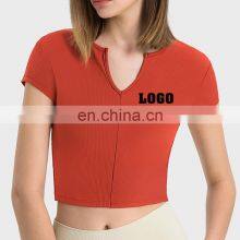 Summer Breathable Women Fitness Gym Yoga Wear Ribbed Short Sleeve V Neck Crop Top Ladies Workout Sports Training T Shirt Apparel thumbnail-1