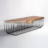 Retro Unique Style Industrial Iron Wire Design Bench With Wooden Seat