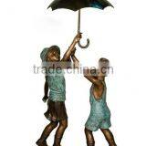 Bronze Boy and Girl Statues Holding Umbrella thumbnail-1