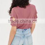 MGOO Hot Selling Casual Plain Round Neck T-shirt Women Cotton Hollow Sleeve T Shirts With Bowknot thumbnail-5