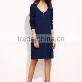Navy Drop Shoulder Long Sleeve Side Slit Dress Polyester Spandex Casual Plain V Neck Short Dress thumbnail-4