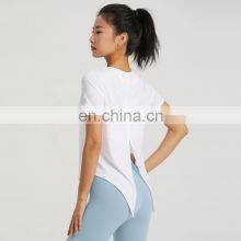 Cool Jacquard Short Sleeved T-Shirts Custom Logo Women Back Slit Yoga Summer Tank Tops thumbnail-2