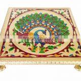 RAJWADI CHOWKI-PATLA / SITTING STOOL - PEACOCK DESIGNED WOODEN HANDMADE 10"x10"x2" CHOWKI PATLA-G.M. thumbnail-2