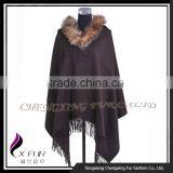 CX-B-P-43K Lady Fashion Raccoon Fur Trim Cashmere Poncho/ New Design Pashmina Shawl thumbnail-1