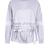 Lilac Lace Up Lounge Sweatshirt Drop Shoulder Side Eyelet With Short Pants Cuffed Hem Soft Jesery Sweater thumbnail-4