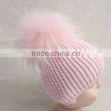 Myfur Wool Knitting Hat With Removable Pink Color Raccoon Fur Pom Pom Attached thumbnail-3