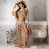 Summer Crochet Dress Beach Wear 2 Piece Crop Top And Skirt Set For Women Long Sleeve Tassels Slash Neck Two Piece Knit Sets thumbnail-2