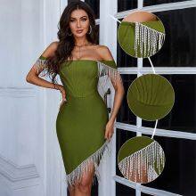One-line Neck Wrap Breast Skirt Halter Tight Skirt Club Fringed Slit Dress thumbnail-5