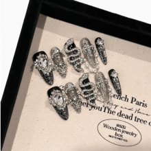 High-End Press-On Almond Nails Heavy Diamond Decoration Dark Bow Black Red Color Matching for Finger thumbnail-3