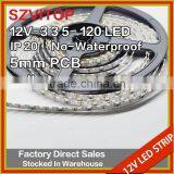 SV16.4ft 5M 335 SMD LED Side View Yellow Light Strip 600 LED 120 Leds/M No-Waterproof DC 12V 5mm PCB thumbnail-1