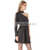 HAODUOYI Soild Black Sleeve Slope One Shoulder Women Dress Sashes Silm Long Sleeve Slit Botton Lady Mini Dress for Wholesale thumbnail-2