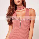 Pink Cut Out Mock Neck Zipper Infront Sleeveless Bodysuit Cotton Blends Sexy Scoop Neck Sweater thumbnail-5
