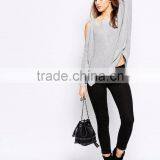 Sweater With Cold Shoulder And Side Splits For Women Light Weight Ladies Custom Gray Knitted Sweaters Loose thumbnail-5