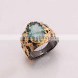 925 SOLID STERLING FINE SILVER BLUE TOPPAZ RING BLACK & GOLD RHODIUM thumbnail-1
