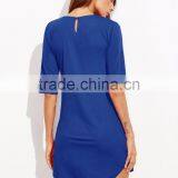 Royal Blue Elbow Sleeve Sheath Dress With Split Hem Polyester Spandex Half Sleeve Plain Casual Pockets Short Dress thumbnail-4