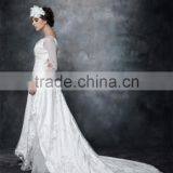 A-line Scoop Neck Satin Over Net With Embroidery Bridal Dress Lace With Crystal 3/4 Sleeve Wedding Dress AS29402 thumbnail-1