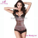 Retro Brown Floral Pattern Zip Rivet Lace-up Steel Boned Corset thumbnail-2