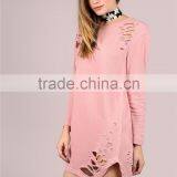 MGOO Women Longline Sweatshirt With Holes Distressed Curved Hem Tunic Dress Pink Long Sleeve thumbnail-4