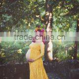 Gold Split Lace Off Shoulder Long Sleeves Maternity Gown Dress Pregnant Woman Mustard Lace Maxi Dress thumbnail-3