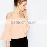 2016 Guangzhou Shandao Summer New Elegant Design Casual 3/4 Flare Sleeve Off Shoulder Pink Chiffon Girls Party Wear Tops thumbnail-2