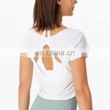 Wholesale Quick Dry Anti-Bacterial Back Hollowout Short Sleeve Gym Yoga Shirt Women Workout Running Fitness Sports Crop Top thumbnail-5