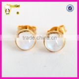 Fashion S925 gold plated gemstone earrings for girl, simple moonstone silver stud earring